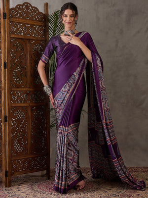 Rajwada Purple Silk Blend Printed Elegant Saree For Women