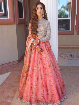 Rajwada Pink Organza Printed Semi-Stitched lehenga For Women