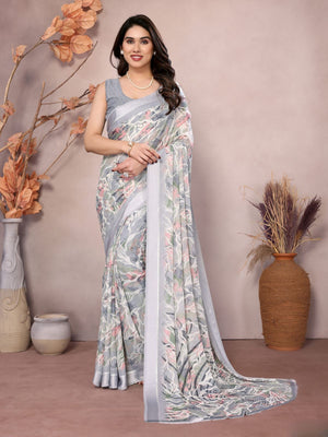 Rajwada Grey Satin Printed Saree With Unstitched Blouse For Women