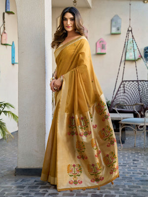 Rajwada Mustard Cotton Blend Solid Saree For Women