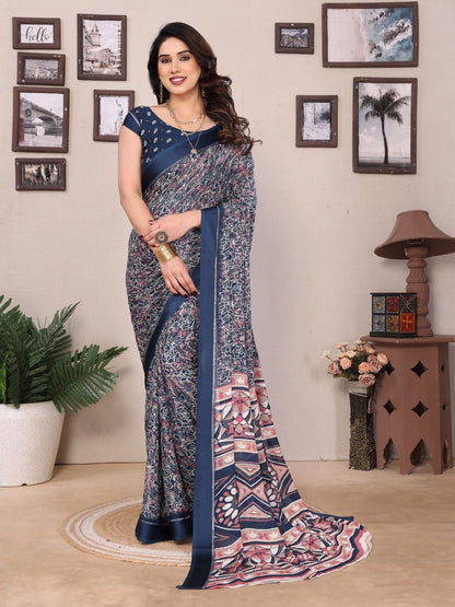 Rajwada Grey Georgette Printed Saree For Women