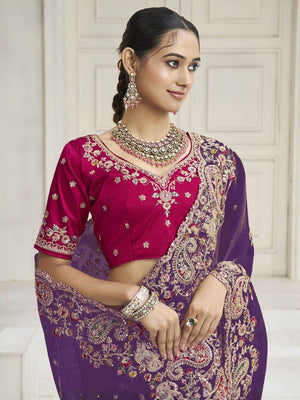 Rajwada Violet Satin Embroidered Saree For Women
