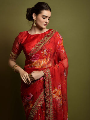 Rajwada Red Georgette Embroidered Printed Saree For Women