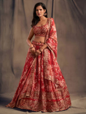 Rajwada Red Organza Printed And Embriodered Semi-Stitched Lehenga For Women