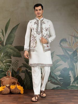 Rajwada White Viscose Silk Embroidered Stitched Kurta Set For Men
