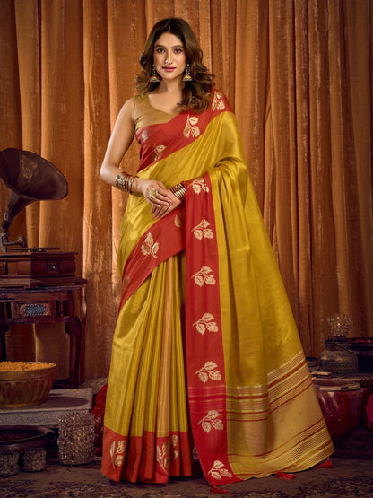 Rajwada Mustard And Maroon Silk Blend Solid Saree For Women