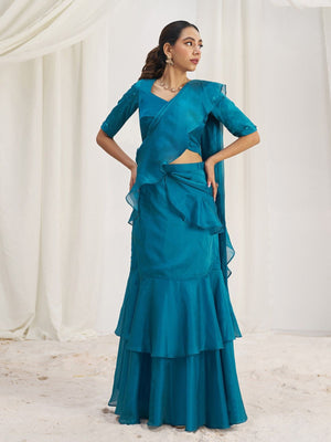 Rajwada Blue Organza Solid Ready To Wear Saree With Stitched Blouse For Women