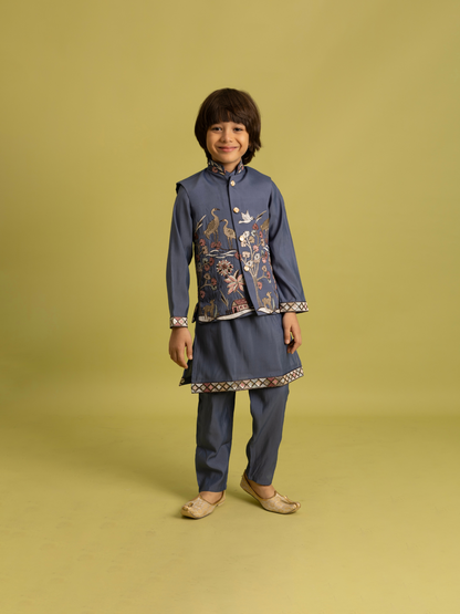Rajwada Grey Viscose Silk Embroidered Stitched Kurta Set For Kids