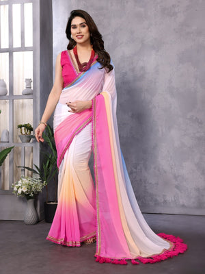 Rajwada Multicolor Georgette Lace Work Saree With Unstitched Blouse For Women