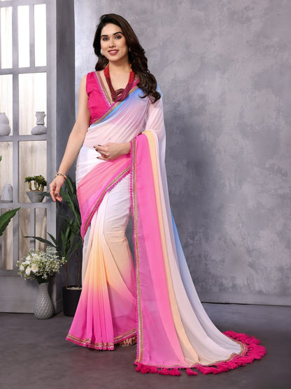 Rajwada Multicolor Georgette Lace Work Saree With Unstitched Blouse For Women