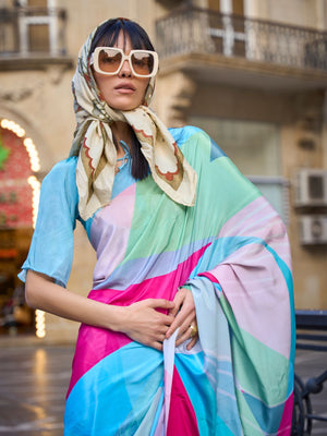 Rajwada Multicolor Silk Blend Printed Saree With Unstitched Blouse For Women