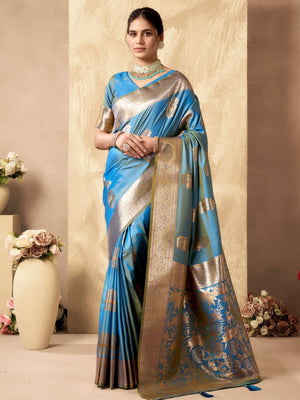 Rajwada Sky Blue Silk Blend Solid Saree For Women