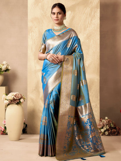 Rajwada Sky Blue Silk Blend Solid Saree For Women