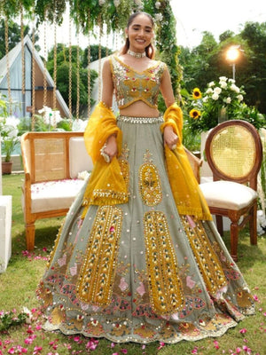 Rajwada Grey And Yellow Silk Blend Embellished Semi Stitched Lehenga For Women