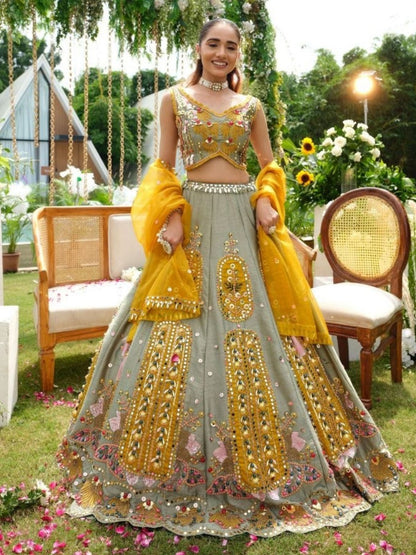 Rajwada Grey And Yellow Silk Blend Embellished Semi Stitched Lehenga For Women