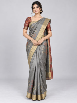 Grey Silk Blend Embellished Saree