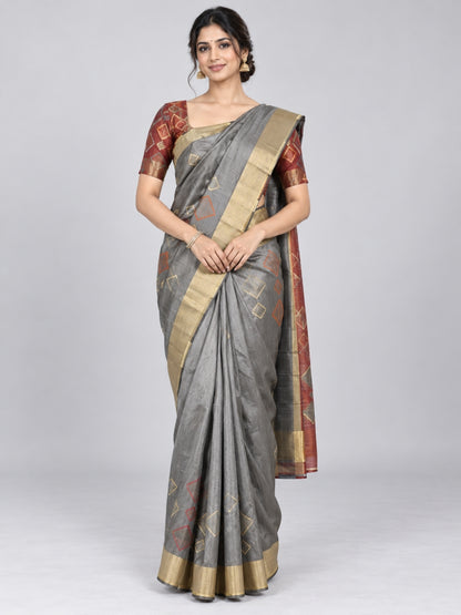 Grey Silk Blend Embellished Saree