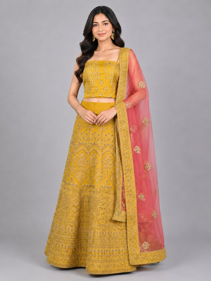 Mustard Yellow Silk Blend Embellished Lehenga