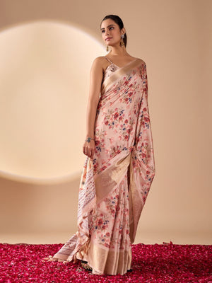 Rajwada Pink Silk Blend Printed Saree For Women