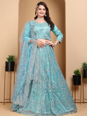 Rajwada Sky Blue Net Embellished Semi-Stitched lehenga For Women