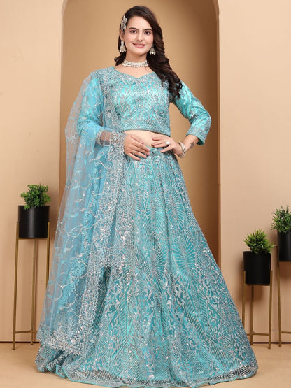 Rajwada Sky Blue Net Embellished Semi-Stitched lehenga For Women