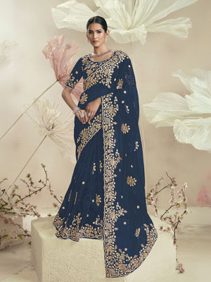 Rajwada Dark Teal Organza Embellished Elegant Saree For Women