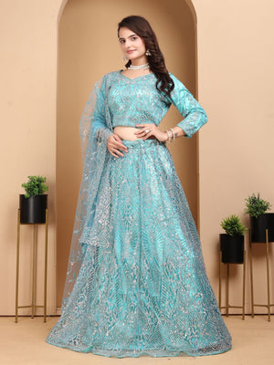 Rajwada Sky Blue Net Embellished Semi-Stitched lehenga For Women