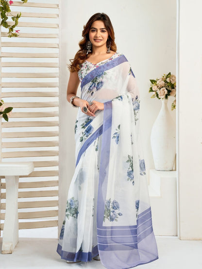 Rajwada White And Blue Cotton Linen Zari Work Saree For Women