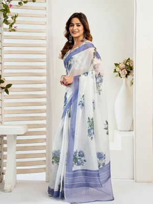 Rajwada White And Blue Cotton Linen Zari Work Saree For Women