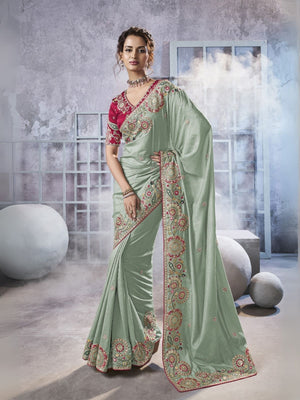 Rajwada Light Green Georgette Crush Embellished Elegant Saree For Women
