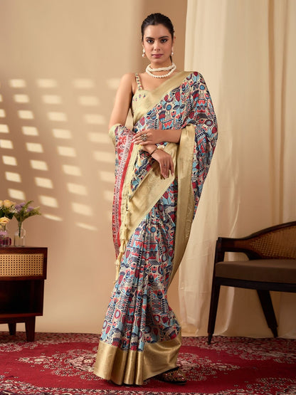 Rajwada Cream Silk Blend Printed Saree For Women