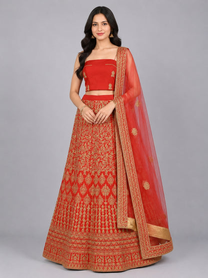 Red Silk Blend Embellished Lehenga