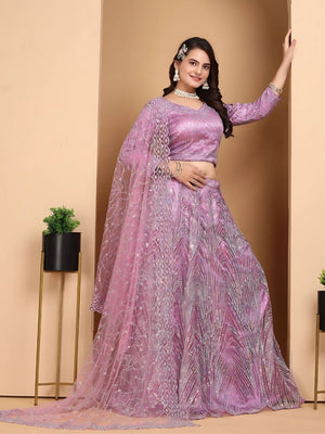 Rajwada Lavender Net Embellished Semi-Stitched lehenga For Women