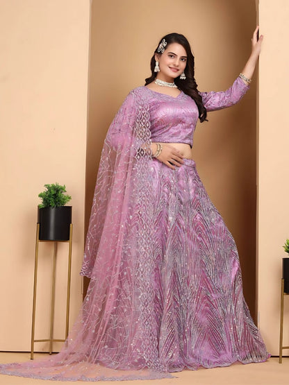 Rajwada Lavender Net Embellished Semi-Stitched lehenga For Women