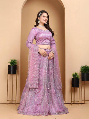 Rajwada Lavender Net Embellished Semi-Stitched lehenga For Women