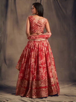 Rajwada Red Organza Printed And Embriodered Semi-Stitched Lehenga For Women