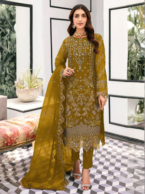 Rajwada Olive Organza Embellished Semi-Stitched Kurta Set For Women
