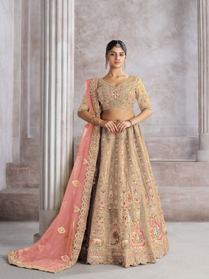 Rajwada Beige Banarasi Silk Embroidered Semi-Stitched Lehenga For Women
