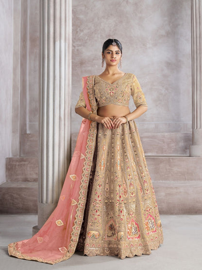 Rajwada Beige Banarasi Silk Embroidered Semi-Stitched Lehenga For Women