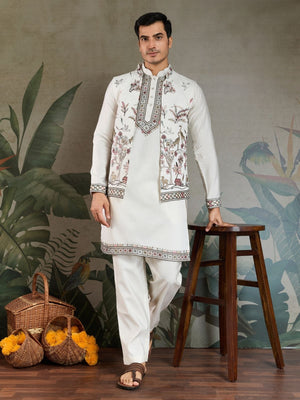 Rajwada White Viscose Silk Embroidered Stitched Kurta Set For Men
