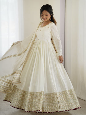 Rajwada White Chinon Silk Embroidered Stitched Kurta Set For Women