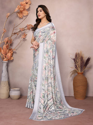 Rajwada Grey Satin Printed Saree With Unstitched Blouse For Women