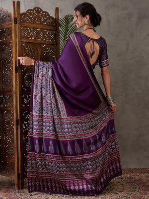 Rajwada Purple Silk Blend Printed Elegant Saree For Women