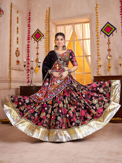 Rajwada Black Cotton Blend Embroidered Semi-Stitched Lehenga For Women
