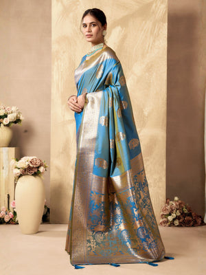 Rajwada Sky Blue Silk Blend Solid Saree For Women
