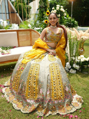 Rajwada Grey And Yellow Silk Blend Embellished Semi Stitched Lehenga For Women
