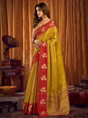 Rajwada Mustard And Maroon Silk Blend Solid Saree For Women