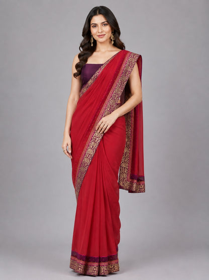 Dark Pink Silk Blend Embellished Saree