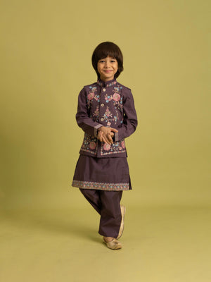 Rajwada Purple Viscose Silk Embroidered Stitched Kurta Set For Kids