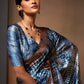 Rajwada Blue And Brown Satin Printed Saree With Unstitched Blouse For Women